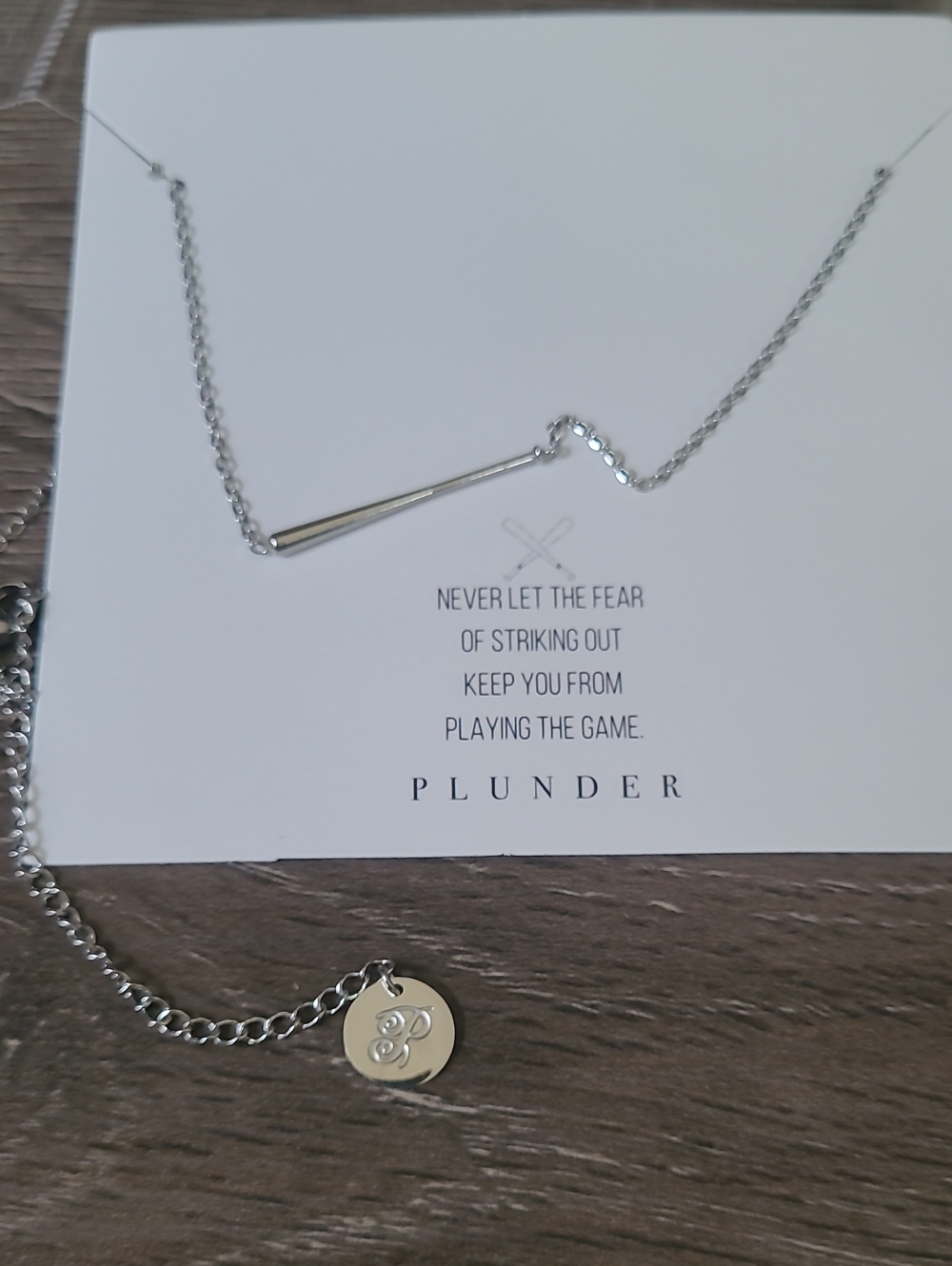 Plunder Polished Silver Baseball Bat Necklace with Logo Disc